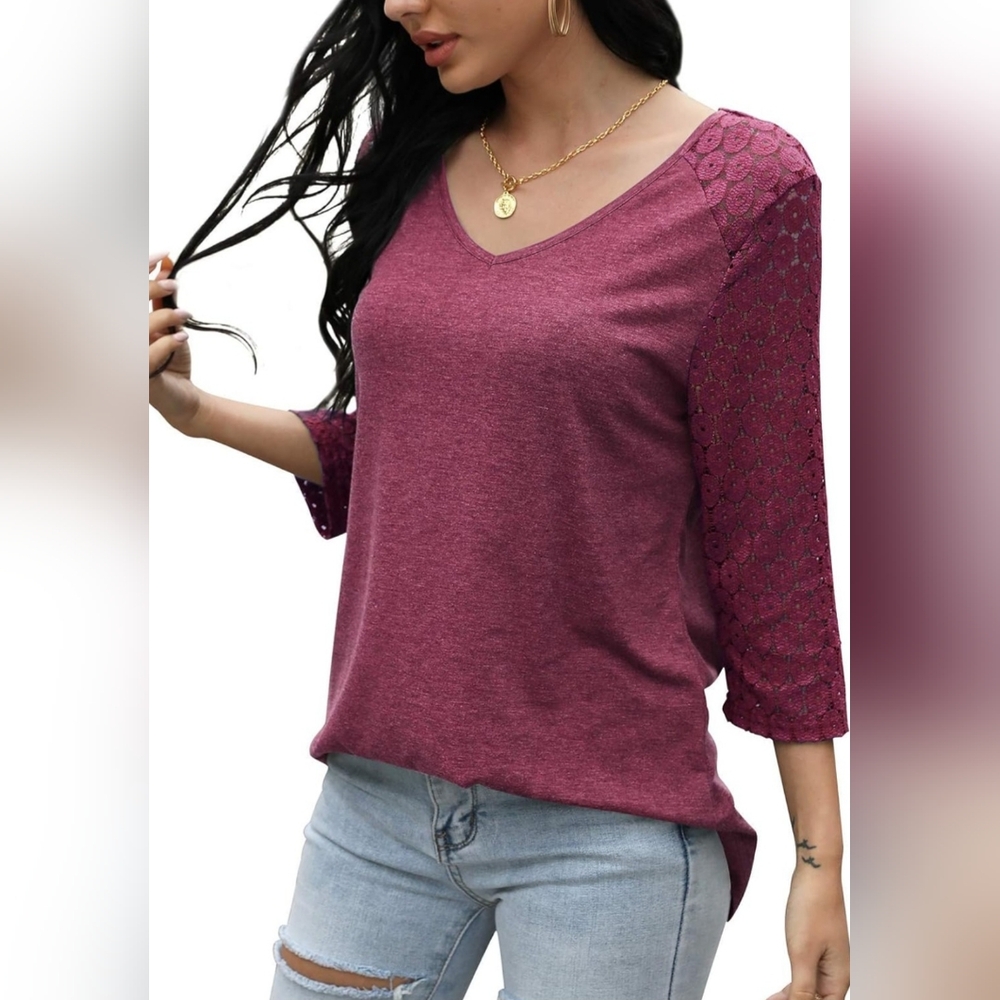 HOCOSIT Womens V-neck 3/4 Sleeve Lace - Picture 7 of 8